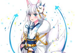  animal_ears arrow_(projectile) azur_lane blue_eyes blunt_bangs commentary_request eyeliner eyeshadow female fingerless_gloves fox_ears fox_girl fox_mask fox_tail fur_trim gloves grey_hair hamaya japanese_clothes kaga_(azur_lane) kaga_(white_fox&#039;s_new_year)_(azur_lane) kimono kitsune ma9 makeup mask mask_on_head multiple_tails official_alternate_costume solo tail white_hair white_kimono wide_sleeves 