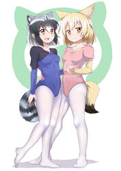  2girls absurdres adapted_costume alternate_costume animal_ears athletic_leotard bad_id bad_pixiv_id black_hair blonde_hair blue_leotard caibao_return chinese_commentary closed_mouth commentary_request common_raccoon_(kemono_friends) covered_navel fennec_(kemono_friends) fox_ears fox_tail full_body grey_hair hand_grab highres japari_symbol kemono_friends leotard multicolored_hair multiple_girls no_shoes oerba_yun_fang open_mouth pantyhose photoshop_(medium) pink_leotard raccoon_ears raccoon_tail short_hair smile standing tail two-tone_hair white_legwear yellow_eyes 