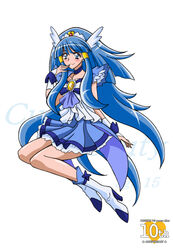  adapted_costume aged_up anniversary aoki_reika arudebido bare_legs blue_eyes blue_hair blue_skirt boots bow bowtie brooch character_name choker commentary_request copyright_name cure_beauty female frills full_body hair_tubes head_wings jewelry large_bow long_hair magical_girl precure sidelocks sitting skirt smile smile_precure solo tiara unofficial_precure_costume white_background wings wrist_cuffs 