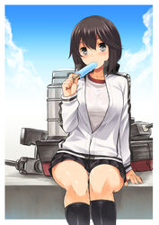  aaru_(tenrake_chaya) black_hair black_skirt black_socks blush cannon commentary_request female food grey_eyes gym_shirt hayasui_(kancolle) jacket kantai_collection kneehighs looking_at_viewer miniskirt pleated_skirt popsicle shirt short_hair sitting skirt socks solo track_jacket zipper 