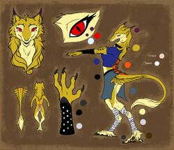  bottomwear braces breasts claws clothing collar english_text faellin feet female flat_colors foot_wraps fur midriff model_sheet pawpads red_eyes sergal skirt smile solo tail text toe_claws wraps yellow_body yellow_fur 