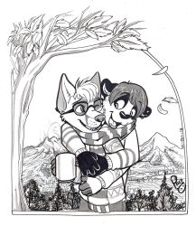  2016 anthro anthro_on_anthro bear canid canine clothed clothing container cup dated duo eyewear fox front_view giant_panda glasses gloves handwear holding_container holding_cup holding_mug holding_object hug hugging_another hugging_from_behind male male/male male_anthro mammal monochrome mug one_eye_closed open_mouth open_smile outside pandapaco scarf sharing_clothing sharing_scarf signature smile sweater tongue topwear 