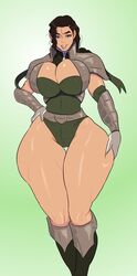  1girls armor avatar_the_last_airbender beauty_mark breasts brown_hair cleavage clothing curvy deep_skin earth_kingdom erect_nipples female female_only gauntlets gloves green_eyes hair hips huge_breasts human jay-marvel kuvira large_breasts lips looking_at_viewer mole mole_under_eye muscular muscular_female nickelodeon pauldrons perky_breasts pose skin_tight smile solo the_legend_of_korra unconvincing_armor wide_hips 