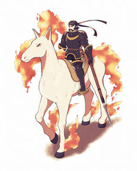  1boy armor batabiru black_armor facial_hair fiery_hair fire frown full_body gold_armor hair_ribbon highres holding holding_weapon horns horse japanese_armor kamado_(pokemon) lance leg_armor looking_afar male_focus mature_male moustache poke_ball pokemon pokemon_(creature) pokemon_legends:_arceus polearm rapidash ribbon riding riding_pokemon saddle short_hair sideburns single_horn thick_eyebrows weapon white_background 