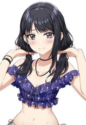  ayano_yuu_(sonma_1426) bare_shoulders black_choker black_eyes black_hair blush bracelet choker collarbone female hands_in_hair highres idolmaster idolmaster_shiny_colors jewelry kazano_hiori long_hair looking_at_viewer low_twintails mole mole_under_mouth navel off-shoulder_shirt off_shoulder shirt simple_background smile solo swimsuit twintails white_background 