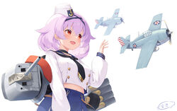  aircraft airplane aylwin_(azur_lane) azur_lane breasts commentary english_commentary f4f_wildcat female hair_between_eyes hat highres kin&#039;iro_dojo long_sleeves open_mouth pink_hair red_eyes rigging sailor_collar sailor_hat shirt signature skirt smile solo striped_clothes striped_wrist_cuffs tilted_headwear wrist_cuffs 