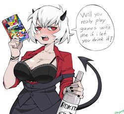  alcohol black_bra black_horns black_nails black_skirt black_vest blush bottle bra breasts bust_cup demon_girl demon_horns demon_tail english_text female helltaker highres holding holding_bottle horns looking_to_the_side malina_(helltaker) mario_(series) mario_kart mario_kart_8 open_clothes open_mouth open_shirt red_eyes red_shirt shirt skirt speech_bubble tail underwear vest vodka white_background white_hair woogleboy 