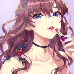  bare_shoulders black_bow blue_eyes blueberry blush bow bow_choker brown_hair choker collarbone cosmetics ear_piercing female food fruit gradient_background hair_between_eyes hair_fruit highres holding holding_lipstick_tube ichinose_shiki idolmaster idolmaster_cinderella_girls lipstick lipstick_tube long_hair looking_at_viewer makeup multicolored_nails nail_polish nishimura_eri parted_lips piercing plant raspberry smile solo upper_body vines 