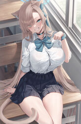  animal_ear_fluff animal_ears asuna_(blue_archive) asymmetrical_bangs black_skirt blue_archive blue_bow blush bow breasts cat_ears cat_tail choker classroom desk extra_ears female grin hair_over_one_eye halo highres large_breasts light_brown_hair long_hair looking_at_viewer me_meel pawing school_desk school_uniform scrunchie shirt sitting skirt smile solo tail very_long_hair white_shirt wrist_scrunchie 