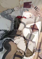  bed belt black_pantyhose black_shirt black_skirt blue_eyes blush book bow bowtie breasts feet_out_of_frame female grey_jacket grey_skirt hair_ornament highres holding holding_book indoors jacket kani_biimu layered_skirt long_sleeves looking_at_viewer official_art on_bed one_side_up pantyhose parted_lips pillow red_bow red_bowtie second-party_source shirt short_hair sidelocks siesta_(tantei_wa_mou_shindeiru) skirt small_breasts solo tantei_wa_mou_shindeiru white_hair window_shadow wooden_floor x_hair_ornament 