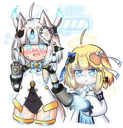  +_+ 2girls :d ahoge animal_ears bailingxiao_jiu black_bow black_leotard blonde_hair blue_bow blue_eyes blue_fire blush bow braid charging_device chestnut_mouth commentary covered_navel cropped_legs cropped_torso detached_sleeves dress drooling electricity fire fox_hair_ornament glasses gloves glowing glowing_eyes grey_hair groin hair_ornament hairbow halo horns leotard long_sleeves multiple_girls nose_blush oerba_yun_fang open_mouth original parted_lips puffy_long_sleeves puffy_sleeves red-framed_eyewear saliva side_braid single_braid sleeveless sleeveless_dress smile symbol-only_commentary tears white_dress white_gloves white_sleeves 