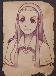  aged_down commentary cryamore english_commentary esmyrelda_maximus female forehead freckles hairband lips long_hair monochrome robaato school_uniform sepia smile solo sweater_vest 