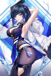  air_bubble arm_behind_head armpits arms_up blue_dress blue_hair blunt_bangs braid breasts bubble cleavage cleavage_cutout clothing_cutout cowboy_shot detached_sleeves dice dress female genshin_impact green_eyes highres liu_liaoliao long_sleeves looking_at_viewer medium_breasts medium_hair mole mole_on_breast multicolored_hair parted_lips single_detached_sleeve sleeveless sleeveless_dress solo standing tassel vision_(genshin_impact) yelan_(genshin_impact) 