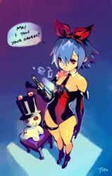  blue_hair bow_hairband bridal_garter commentary detached_collar disgaea english_commentary female hairband leotard necktie optionaltypo pleinair rabbit red_eyes short_hair strapless strapless_leotard stuffed_animal stuffed_rabbit stuffed_toy 