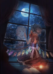  alternate_costume arms_up backless_dress backless_outfit blonde_hair book cloud cloudy_sky curtains dress female flandre_scarlet from_behind full_body full_moon hair_ribbon hand_on_window hat highres indoors lantern looking_outside looking_up mob_cap moon night on_floor one_side_up open_book open_mouth puffy_short_sleeves puffy_sleeves red_dress red_eyes reflection ribbon sash short_sleeves sitting sky solo tonan_(l0l0l0l0l0l) touhou white_hat white_sleeves window wings wooden_floor 