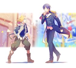  2boys band_uniform belt blonde_hair blue_eyes blue_hair blue_jacket blue_pants blue_shirt blurry blurry_background boots commentary epaulettes green_pants hand_on_own_chin headphones jacket kagamine_len kaito_(vocaloid) looking_at_another male_focus multiple_boys pants project_sekai shirt short_hair short_ponytail sinaooo spiked_hair translated uniform vest vivid_bad_squad_(project_sekai) vivid_bad_squad_len vocaloid walking wonderlands_x_showtime_(project_sekai) wonderlands_x_showtime_kaito 