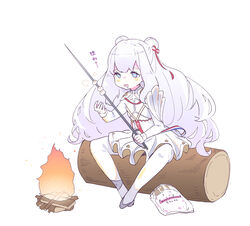  azur_lane bad_id bad_pixiv_id ballet_slippers blue_eyes campfire double_bun drooling female fire flat_chest food full_body hair_bun hair_ribbon highres hina_(bird_salty) holding holding_sword holding_weapon le_malin_(azur_lane) log long_hair long_sleeves marshmallow open_mouth pantyhose rapier ribbon saliva sitting sitting_on_log skirt solo sword tutu very_long_hair weapon white_hair white_pantyhose white_skirt 