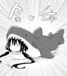  airandou commentary emphasis_lines female greyscale highres long_hair monochrome original shark shark_sleeping_bag sharp_teeth solo teeth translated twintails 