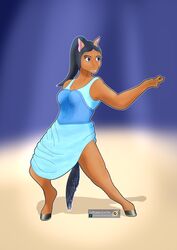  absurd_res anthro blue_clothing blue_eyes breasts brown_body brown_fur clothed clothing dancing dark_hair dress ears_up equid equine feet female fingers fur grin hair hi_res hooves horse long_hair mammal simple_background smile solo sufficient_gravitas tail_hair 