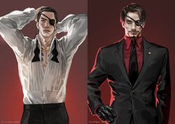  2018 2boys aged_down aged_up arms_behind_head bandages black_hair black_pants dress_shirt eyebrows eyepatch facial_hair formal highres jane_mere jewelry looking_at_viewer majima_goro male_focus manly multiple_boys necklace pants pectorals red_background red_eyes ryuu_ga_gotoku_(series) ryuu_ga_gotoku_0 ryuu_ga_gotoku_5 shirt short_hair simple_background suit tied_hair 