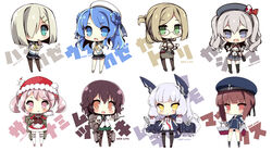  6+girls :&gt; akikaze_tsumuji beret black_pantyhose black_socks blue_dress blue_hair blue_headwear blunt_bangs blush breasts brown_hair character_name chibi clothes_writing double_bun dress food grey_hair hair_bun hamakaze_(kancolle) hat headgear holding kantai_collection kashima_(kancolle) katori_(kancolle) kneehighs light_brown_hair long_hair mouth_hold multiple_girls murakumo_(kancolle) murakumo_kai_ni_(kancolle) mutsuki_(kancolle) official_alternate_costume open_mouth pantyhose pink_hair pleated_skirt purple_hair rabbit riding_crop rigging sailor_collar sailor_dress santa_hat sazanami_(kancolle) school_uniform serafuku short_hair simple_background skirt smile socks twintails urakaze_(kancolle) wavy_hair white_background white_headwear z3_max_schultz_(kancolle) 