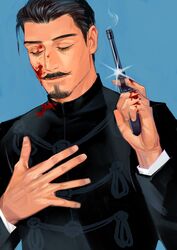  1boy aged_down black_hair black_jacket blood blood_on_clothes blood_on_face blood_on_hands blood_splatter blue_background chinese_commentary closed_eyes closed_mouth collared_jacket commentary facial_hair finger_on_trigger goatee golden_kamuy gun hair_slicked_back hand_on_own_chest handgun highres holding holding_gun holding_weapon imperial_japanese_army jacket kajibaji long_sleeves male_focus military military_uniform moustache revolver short_hair simple_background smile solo sparkle tsurumi_tokushirou uniform upper_body weapon 