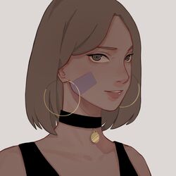  bare_shoulders black_choker brown_hair chinese_commentary choker collarbone commentary datomato earrings facial_mark female highres hoop_earrings jewelry lips looking_at_viewer naruto_(series) naruto_shippuuden nohara_rin parted_lips pink_lips portrait short_hair sleeveless smile solo 