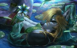  abs anthro blonde_hair blue_eyes canid canine canis clothing depth_of_field ear_piercing flower fur gerudo green_body green_fur hair hand_behind_head lily_(flower) lily_pad looking_at_viewer male mammal momobeda nintendo open_mouth piercing pinup plant pose solo spreading the_legend_of_zelda video_games water wet wolf wolf_link 