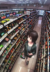  black_eyes black_hair ceiling_light cellphone commentary female fisheye food from_above groceries highres holding holding_phone hood hood_down hooded_jacket indoors jacket long_sleeves looking_away looking_up original phone reflection shelf shoes shop shopping shopping_basket short_hair sneakers solo tile_floor tiles tokunaga_akimasa walking 