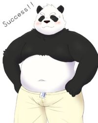  2020 4:5 anthro bear belly black_body black_fur blush bottomwear bulge closed_eyes clothing fur giant_panda hi_res kemono male mammal navel overweight overweight_anthro overweight_male pants simple_background solo text white_background white_body white_fur yaki_atsuage 