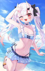  ;d absurdres arm_up bare_arms bare_shoulders bikini black_bow blue_bikini blue_sky blush bow breasts brown_footwear cloud collarbone commentary_request day female hairbow highleg highleg_bikini highres hololive horizon horns layered_bikini looking_at_viewer masaki_(msk064) multicolored_hair nakiri_ayame nakiri_ayame_(hololive_summer_2019) navel ocean oerba_yun_fang one_eye_closed oni outdoors red_eyes red_hair sandals skin-covered_horns sky small_breasts smile solo standing standing_on_one_leg streaked_hair swimsuit twintails virtual_youtuber water white_hair 