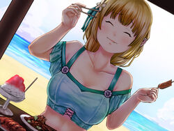  beach bikini blonde_hair braid braided_ponytail breasts chopsticks closed_eyes closed_mouth cloud collarbone dutch_angle eating female fire_emblem fire_emblem:_three_houses fire_emblem_heroes flower food green_bikini hair_flower hair_ornament holding holding_chopsticks holding_food hut ingrid_brandl_galatea ingrid_brandl_galatea_(summer) koro_(cookie) large_breasts long_hair ocean off-shoulder_bikini off_shoulder official_alternate_costume outdoors shaved_ice sky smile solo swimsuit table 