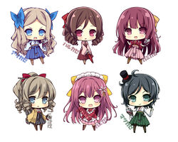  5girls :&gt; akikaze_tsumuji apron asakaze_(kancolle) black_hair blue_bow blue_eyes blush boots bow brown_hair character_name chibi cross-laced_footwear drill_hair hair_ornament hairbow hakama hakama_skirt hand_on_own_hip harukaze_(kancolle) hat hatakaze_(kancolle) holding japanese_clothes kamikaze_(kancolle) kamikaze_(valentine_mode)_(kancolle) kantai_collection lace-up_boots light_brown_hair long_hair maid_headdress matsukaze_(kancolle) meiji_schoolgirl_uniform mini_hat mini_top_hat multiple_girls multiple_views official_alternate_costume open_mouth pink_hair ponytail rigging short_hair simple_background skirt top_hat white_apron white_background wide_sleeves yellow_bow 