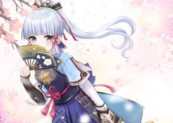  arm_guards armor armored_dress black_gloves blunt_bangs bow cherry_blossoms chest_armor commentary_request covering_own_mouth female fingerless_gloves folding_fan genshin_impact gloves grey_eyes grey_hair hair_ornament hair_ribbon hair_tubes hairbow hand_fan holding holding_fan japanese_clothes kamisato_ayaka kamisato_clan_(emblem) kana_(kuaua) long_hair looking_at_viewer petals ponytail ribbon short_sleeves sidelocks solo tress_ribbon wind 