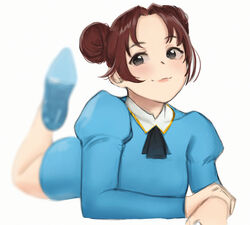  agent_aika aika_(series) ascot azelweien bad_id bad_pixiv_id black_ascot black_eyes blue_delmo blue_delmo_c blue_footwear blue_jacket blue_skirt blurry brown_hair closed_mouth commentary delmogeny_uniform depth_of_field double_bun english_commentary female hair_bun high_heels jacket juliet_sleeves long_sleeves looking_at_viewer lying on_stomach parted_bangs puffy_sleeves shoes skirt smile solo the_pose traditional_media uniform white_background 