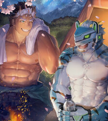  2boys abs aqua_fur bara black_hair blue_eyes bottle campfire cherry_blossoms commentary company_connection cropped dark-skinned_male dark_skin demon_boy demon_horns fangs fingerless_gloves fire furry furry_male gloves grin helmet holding holding_bottle horns large_pectorals live_a_hero looking_at_another macroich_(housamo) male_focus multicolored_hair multiple_boys multiple_horns muscular muscular_male neumo night nipples one_eye_closed pectorals petals rexer_(live_a_hero) short_hair sky smile star_(sky) starry_sky tent thick_eyebrows tokyo_afterschool_summoners topless_male towel towel_around_neck upper_body water_bottle white_hair 