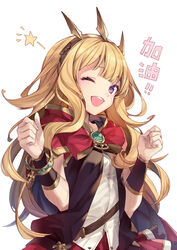  ;d achan_(blue_semi) blonde_hair bracer cagliostro_(granblue_fantasy) cape crown female gem gold_bracelet granblue_fantasy hairband highres long_hair one_eye_closed open_mouth purple_eyes smile solo spikes upper_body white_background 