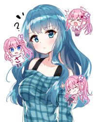  &gt;_&lt; 2girls :d ? ^^^ bare_shoulders blue_eyes blue_hair blue_shirt breasts chibi chobi_(penguin_paradise) closed_eyes collarbone commentary detached_sleeves eighth_note hair_ornament harumi_sakurai_(kazane) highres holding holding_sign indie_virtual_youtuber long_hair long_sleeves medium_breasts multiple_girls musical_note musical_note_hair_ornament off-shoulder_shirt off_shoulder open_mouth pink_hair puffy_long_sleeves puffy_sleeves see-through see-through_sleeves shirt sign simple_background skirt sleeveless sleeveless_shirt smile sweat translation_request upper_body very_long_hair virtual_youtuber voice_actor white_background white_skirt wing_hair_ornament 