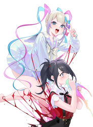  2girls ;d absurdres ame-chan_(needy_girl_overdose) barefoot black_hair black_ribbon blood blue_eyes blue_hair blue_serafuku blush bow chouzetsusaikawa_tenshi-chan collared_shirt commentary_request cross_hair_ornament eyeshadow from_side hair_ornament highres holographic_clothing iridescent long_hair long_sleeves makeup multicolored_hair multicolored_nails multiple_girls nail_polish neck_ribbon needy_girl_overdose official_art ohisashiburi one_eye_closed open_mouth pastel_colors pink_eyeshadow pink_hair quad_tails ribbon sailor_collar school_uniform serafuku shirt short_sleeves simple_background skirt smile star_(symbol) suspender_skirt suspenders sweat sweatdrop tears teeth twintails vomiting_blood vomiting_rainbows white_background yami_kawaii 