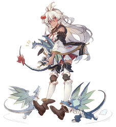  achan_(blue_semi) ahoge blush boots bow creature dark-skinned_female dark_skin detached_sleeves dragon female full_body granblue_fantasy hair_between_eyes hairbow holding holding_creature long_hair red_bow red_eyes simple_background smile solo tail tail_bow tail_ornament thighhighs white_background white_hair zooey_(granblue_fantasy) 