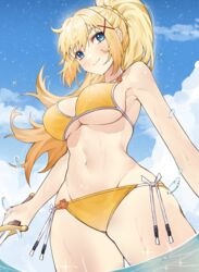  absurdres ai-nohikari bikini blonde_hair blue_eyes braid breasts commentary crown_braid darkness_(konosuba) female hair_between_eyes hair_ornament highres holding holding_sword holding_weapon kono_subarashii_sekai_ni_shukufuku_wo! large_breasts long_hair navel ponytail side-tie_bikini_bottom smile solo string_bikini swimsuit sword very_long_hair weapon wet x_hair_ornament yellow_bikini 