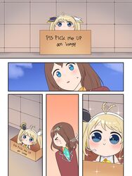  &gt;_&lt; 2girls :&gt; ahoge ahoge_wag angon623 ascot blonde_hair blue_ascot blue_eyes blush bow box brown_hair brown_jacket cardboard_box chibi commentary english_commentary english_text engrish_text expressive_hair eye_contact for_adoption hairbow hana_macchia hana_macchia_(1st_costume) headphones highres jacket looking_at_another multiple_girls nijisanji nijisanji_id nose_blush parted_lips pet ranguage smile sparkle sweatdrop twintails typo virtual_youtuber zea_cornelia 