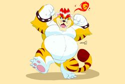  2021 absurd_res anthro belly biped felid feline fire fur hi_res koopa mammal mario_bros meowser nintendo overweight overweight_anthro scalie simple_background solo splashburr white_body white_fur yellow_body yellow_fur 