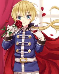  1boy animal_crossing bad_id bad_pixiv_id belt blonde_hair blue_eyes bow cape colton_(animal_crossing) curtains epaulettes flower gloves humanization long_hair low_ponytail male_focus petals rii_(pixiv11152329) rose solo 