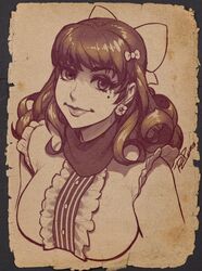  bliss_barson bow breasts commentary cryamore curly_hair earrings english_commentary faux_traditional_media female hairbow jewelry large_breasts lips long_hair mole mole_under_eye monochrome robaato scarf sepia smile solo upper_body 