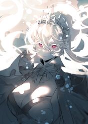  alternate_breast_size armor blush breasts cape cleavage corrin_(female)_(fire_emblem) corrin_(female)_(silent_bloodline)_(fire_emblem) corrin_(fire_emblem) crown female fire_emblem fire_emblem_fates fire_emblem_heroes frills hair_between_eyes hair_ornament hairband highres large_breasts long_hair looking_at_viewer negiwo official_alternate_costume pointy_ears red_eyes shoulder_armor solo white_hair 