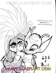  2006 4_fingers 621_(number) alaer alien antennae_(anatomy) black_and_white bonnie_(lilo_and_stitch) chopsuey_(lilo_and_stitch) deathhawk dipstick_antennae disney distracting_watermark duo ears_down english_text experiment_(lilo_and_stitch) eyebrows facial_markings fangs female fingers forehead_markings fur head_markings hover_hand lilo_and_stitch male male/female markings mohawk monochrome multicolored_antennae pivoted_ears raised_inner_eyebrows sad short_tail simple_background sitting smile tail teeth text traditional_media_(artwork) url watermark white_background 