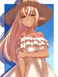  absurdres alternate_costume arm_at_side arm_grab blonde_hair blue_background border breasts brown_hair commentary_request dark-skinned_female dark_skin dress elf female frilled_dress frills grin halterneck hat head_tilt highres hololive large_breasts long_hair looking_at_viewer meme_tesshin multicolored_hair outside_border pointy_ears shiranui_flare silhouette smile solo straw_hat streaked_hair sundress virtual_youtuber white_hair 