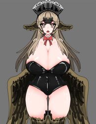  :o absurdres bad_id bad_pixiv_id black_souls breasts brown_hair dodo_(black_souls) female grey_background harpy highres huge_breasts koshou_shou_mitsu leotard long_hair looking_at_viewer monster_girl open_mouth simple_background solo straight-on thick_thighs thighs wide_hips winged_arms wings 