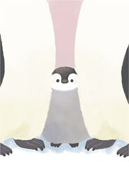  animal ayu_(mog) baby_penguin bird blush emperor_penguin english_commentary looking_at_viewer mixed-language_commentary no_humans original penguin pink_background signature simple_background 